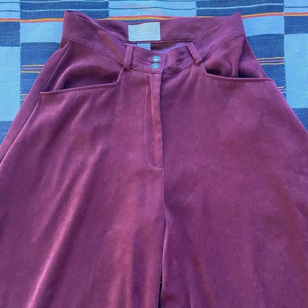 Scully Burgundy Super Wide Leg High Rise Suede Fabric Poly Pants. Size Small. - Picture 2 of 14